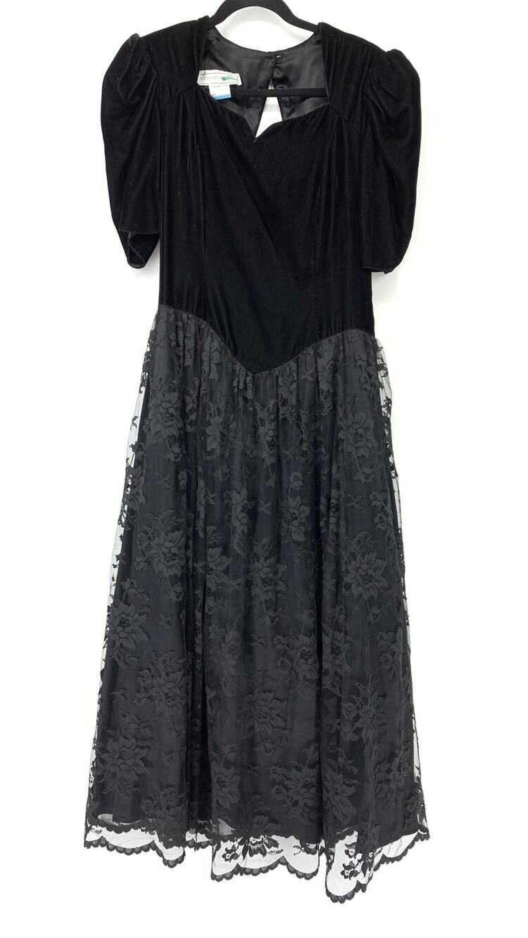 Vintage 80s Scott McClintock Women's Size S/M Velvet & Lace Prom Dress Black